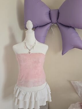 Y2K Coquette Baby Pink Lace Tube Top Balletcore Fairycore Dollette Girly Bow M